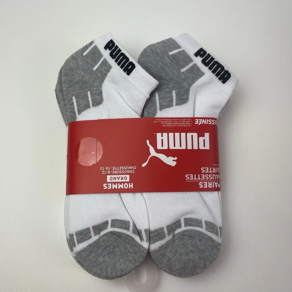 PUMA Mens 6 Pairs Pack‎ Socks Low Cut Cushioned Size 10-13 Shoe 8-12 White Grey